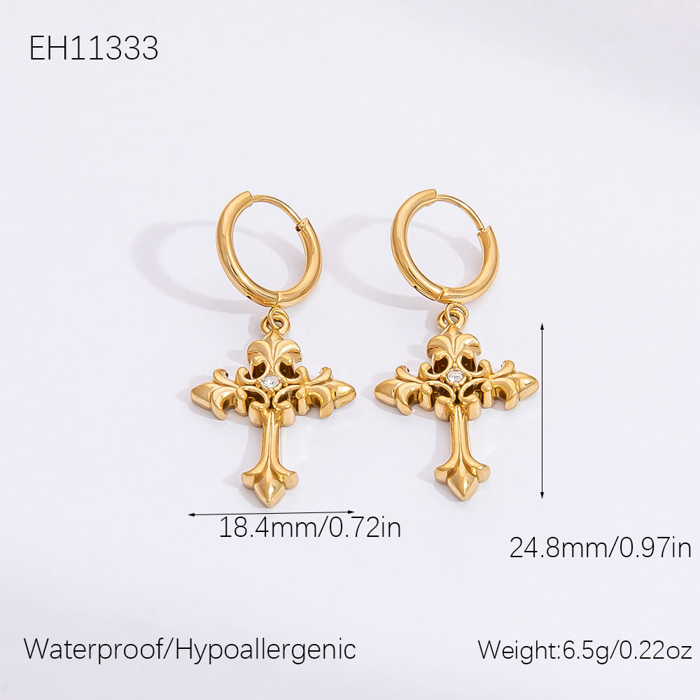 Gold Hollow Cross Earrings with Zircon Stones