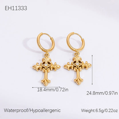 Gold Hollow Cross Earrings with Zircon Stones