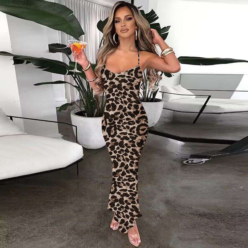 Leopard Print Backless Bodycon Midi Dress