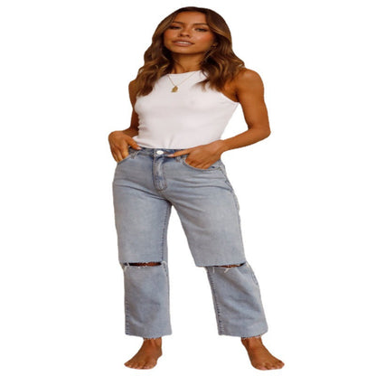High-Waisted Ripped Light Blue Denim Straight Leg Jeans