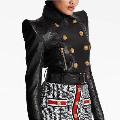 Double-Breasted Short PU Leather Biker Jacket