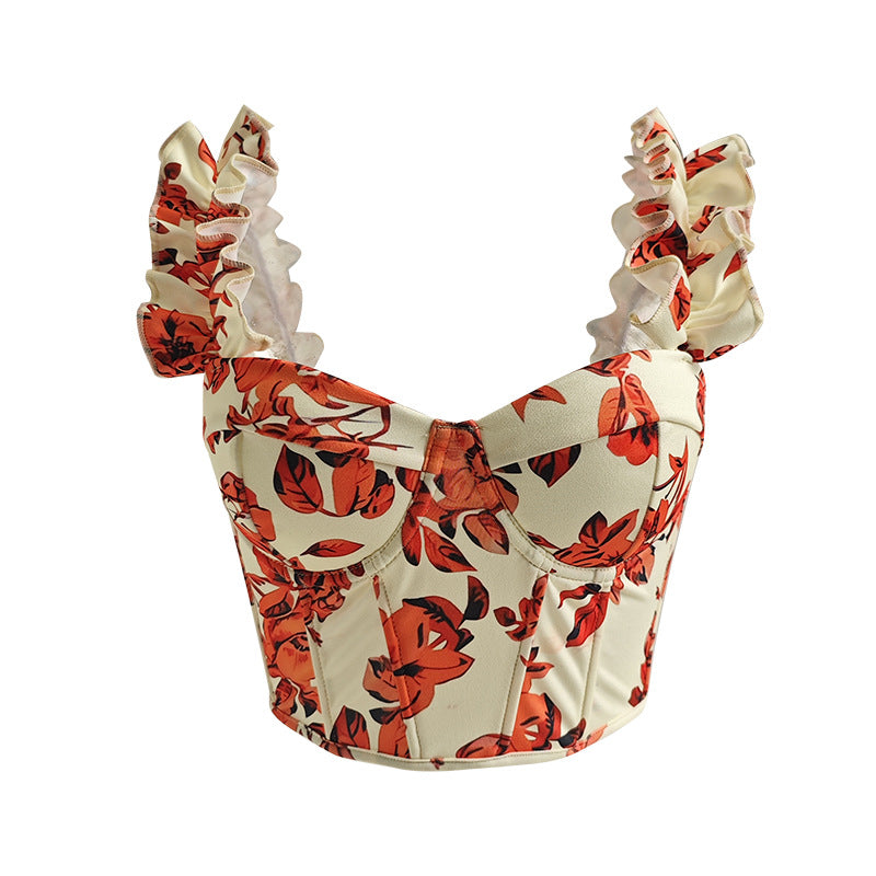 Floral Print Bow Tie Camisole Top Slim Fit Sweet Style