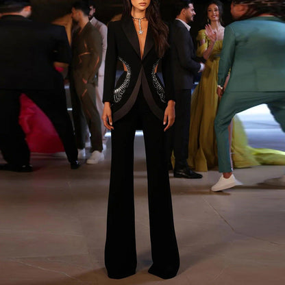 Hollow Rhinestone Blazer and Long Pants Set