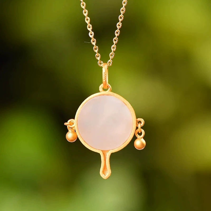 Ancient Gold Enamel Color Burned Blue And White Jade Six Characters Mantra Blessing Pendant Court Retro Women'S Accessories