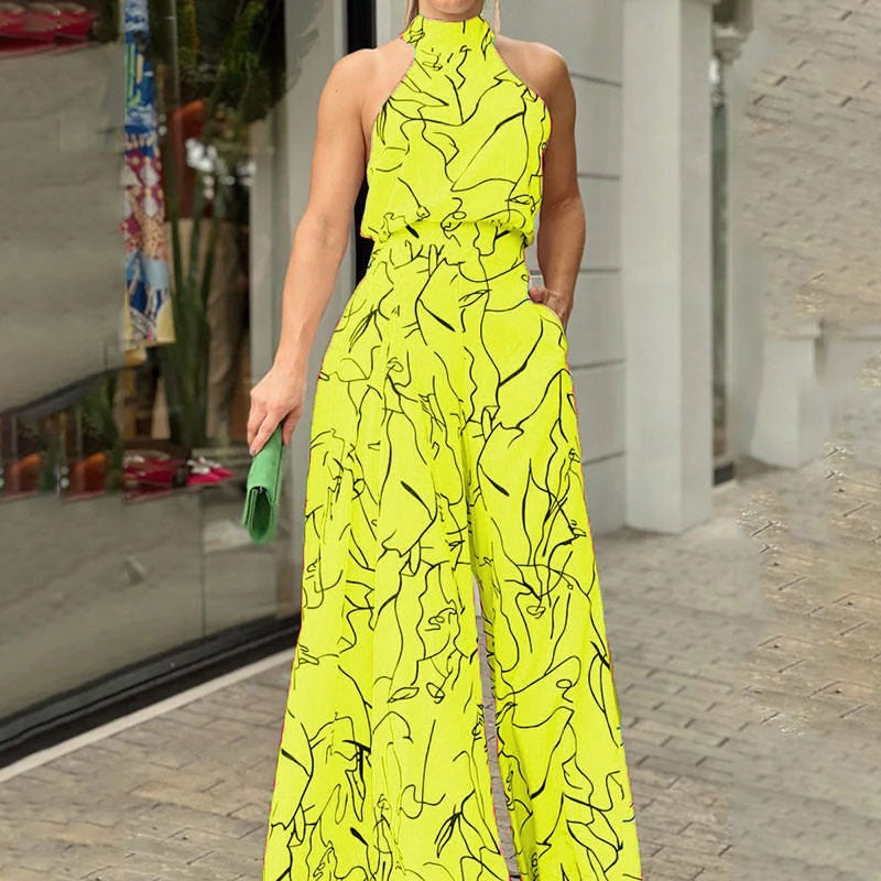 Trendy Floral Print Jumpsuit Stylish Casual High-Waisted Wide-Leg Pants