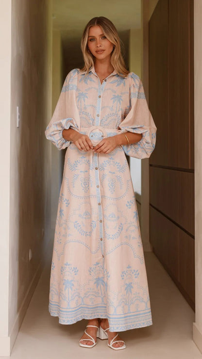 Loose-Fit Linen Puff Sleeve Dress with Waist Belt