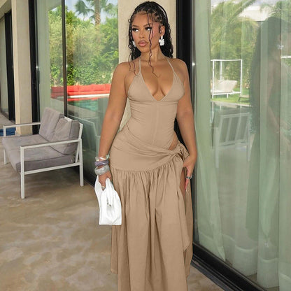Sexy Backless Jumpsuit with Tie Waist Skirt Set