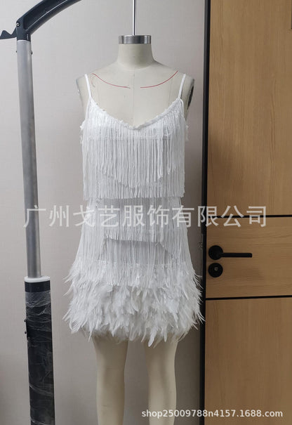 Stylish Fringed Sequin Feather Panels Dress Dress