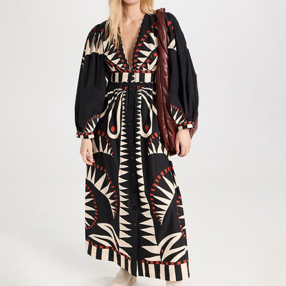 Elegant Floral Print Lantern Sleeve Maxi Dress
