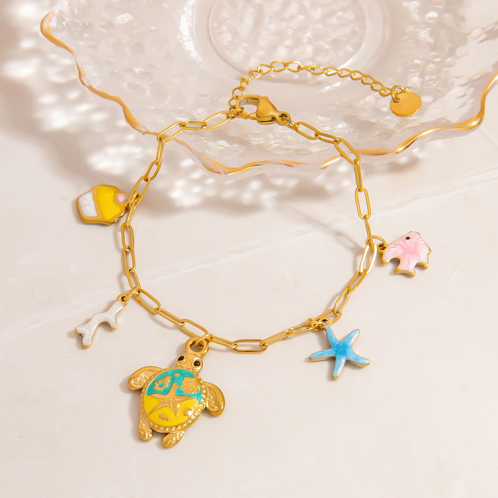 Stainless Steel Turtle Starfish Pendant Bracelet Fashionable Beach Jewelry