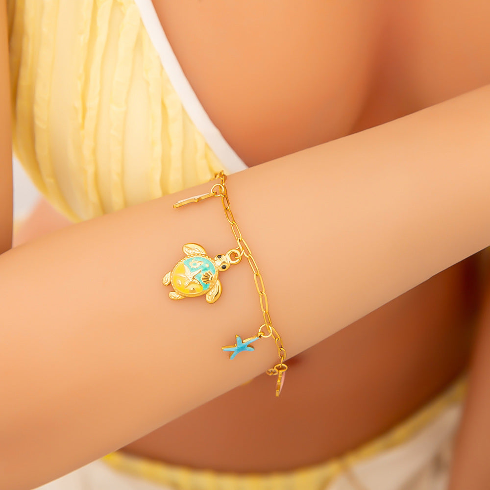 Stainless Steel Turtle Starfish Pendant Bracelet Fashionable Beach Jewelry