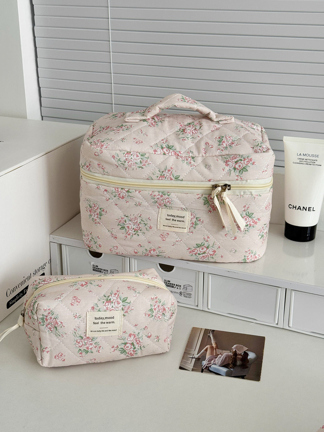 Pink Floral Quilted Makeup Travel Bag Stylish Large Capacity