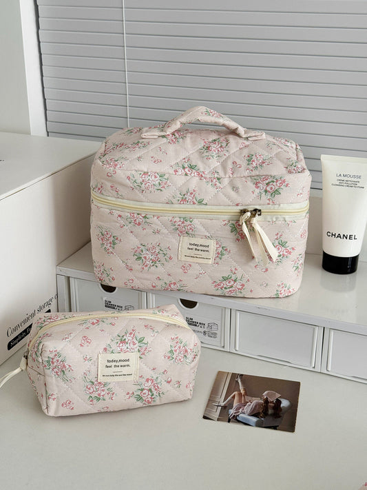 Pink Floral Quilted Makeup Travel Bag Stylish Large Capacity
