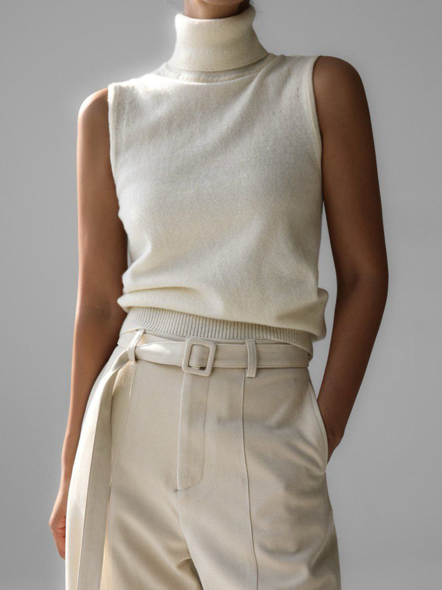 High Neck Sleeveless Knit Top Comfortable Casual Shirt