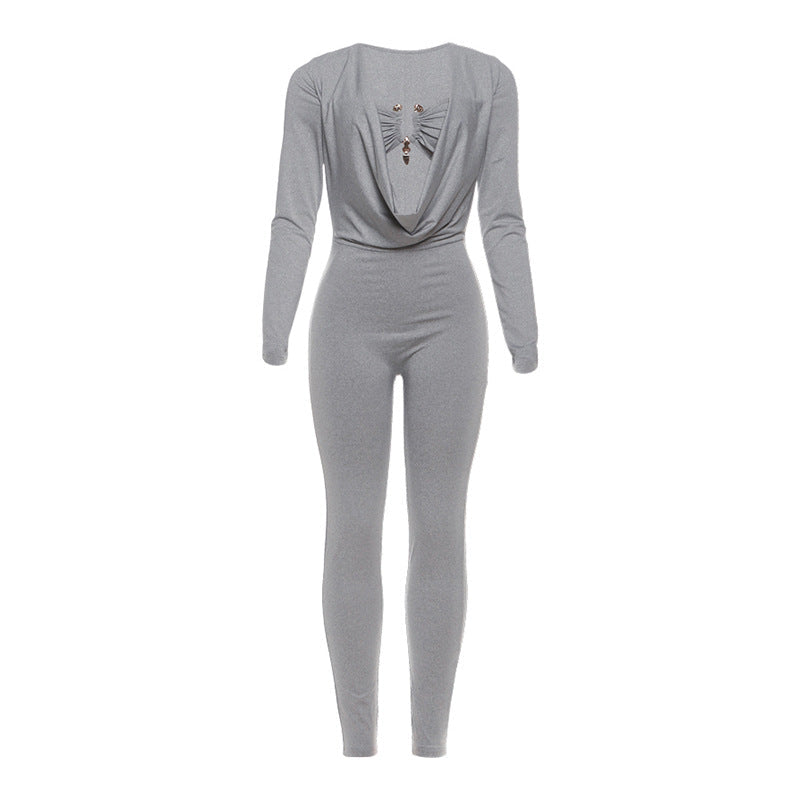 New Sexy Solid Color Jumpsuit With Wrap Neckline And Fitted Waist