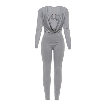 New Sexy Solid Color Jumpsuit With Wrap Neckline And Fitted Waist