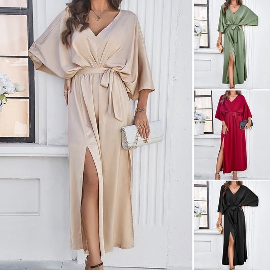 Elegant V-Neck Batwing Sleeve Dress Comfortable Casual Midi Dress