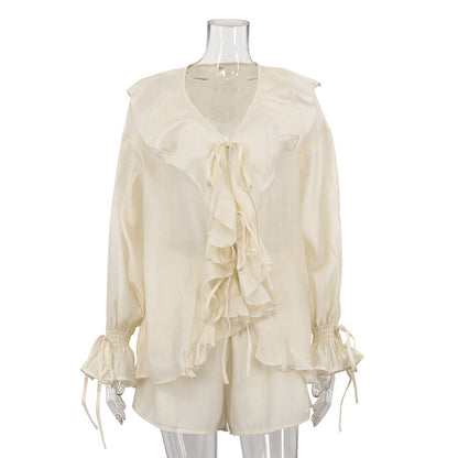 French Ruffle Sleeve Casual Set Soft Tencel Blouse and Shorts