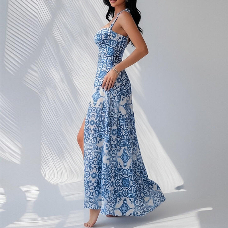 Elegant Backless Floral Dress with Waist Tie for Women