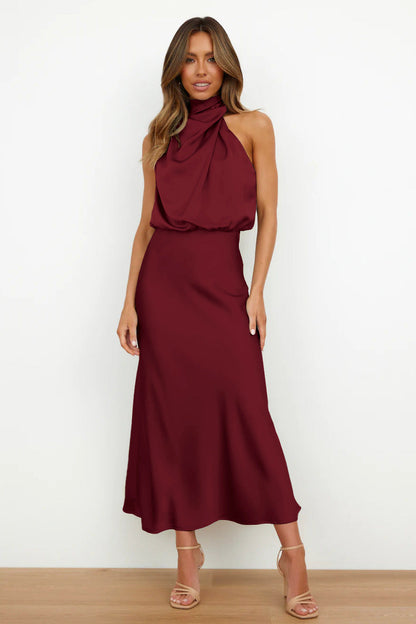 Elegant Satin Halter Dress for Women - High-End Evening Gown
