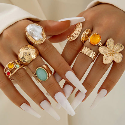 Retro Geometric Adjustable Ring Set With Gemstone Inlays