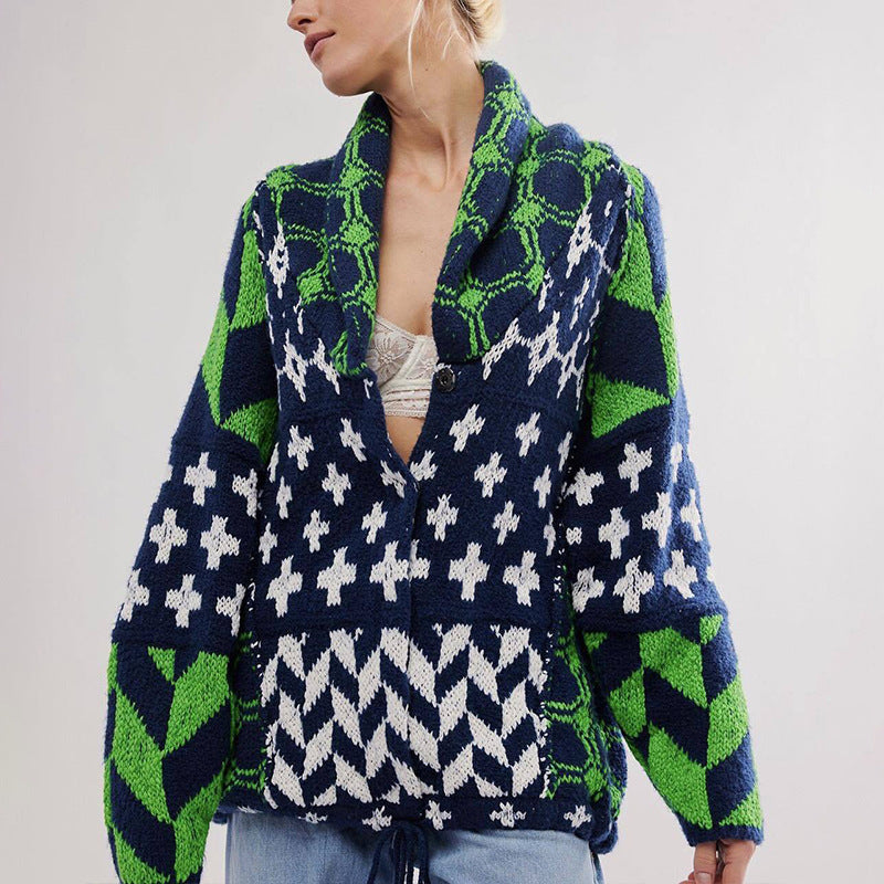 Vintage Floral Print Lapel Collar Loose Cardigan