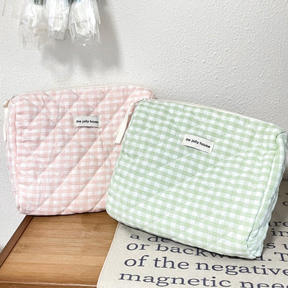 Large Capacity Plaid Makeup Bag Cute Portable Cotton Cosmetic Organizer