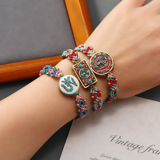 Tibetan Ethnic Style Nepalese Beads Hand String Retro Diagonal Knot Colorful Rope Pure Hand Woven Bracelet