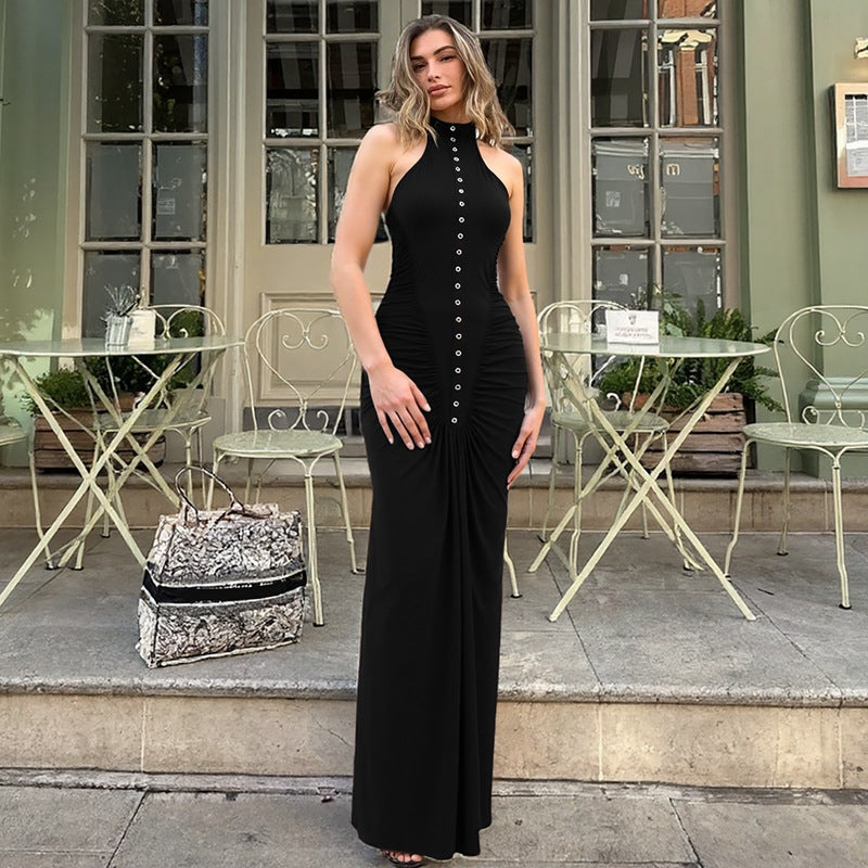 Stylish Sleeveless A-Line Dress With Buttons