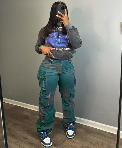 Trendy High-Waist Tie-Dye Denim Cargo Pants