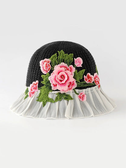 Ethnic Style Embroidery Flower Summer Visor White Brim Sun Hat Bucket Hat Sun Protection Knitted Hat