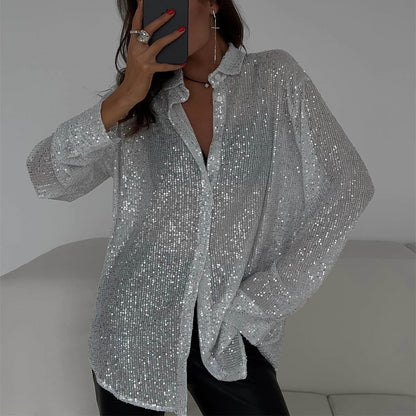 Sequin Collared Long Sleeve Shirt For Women