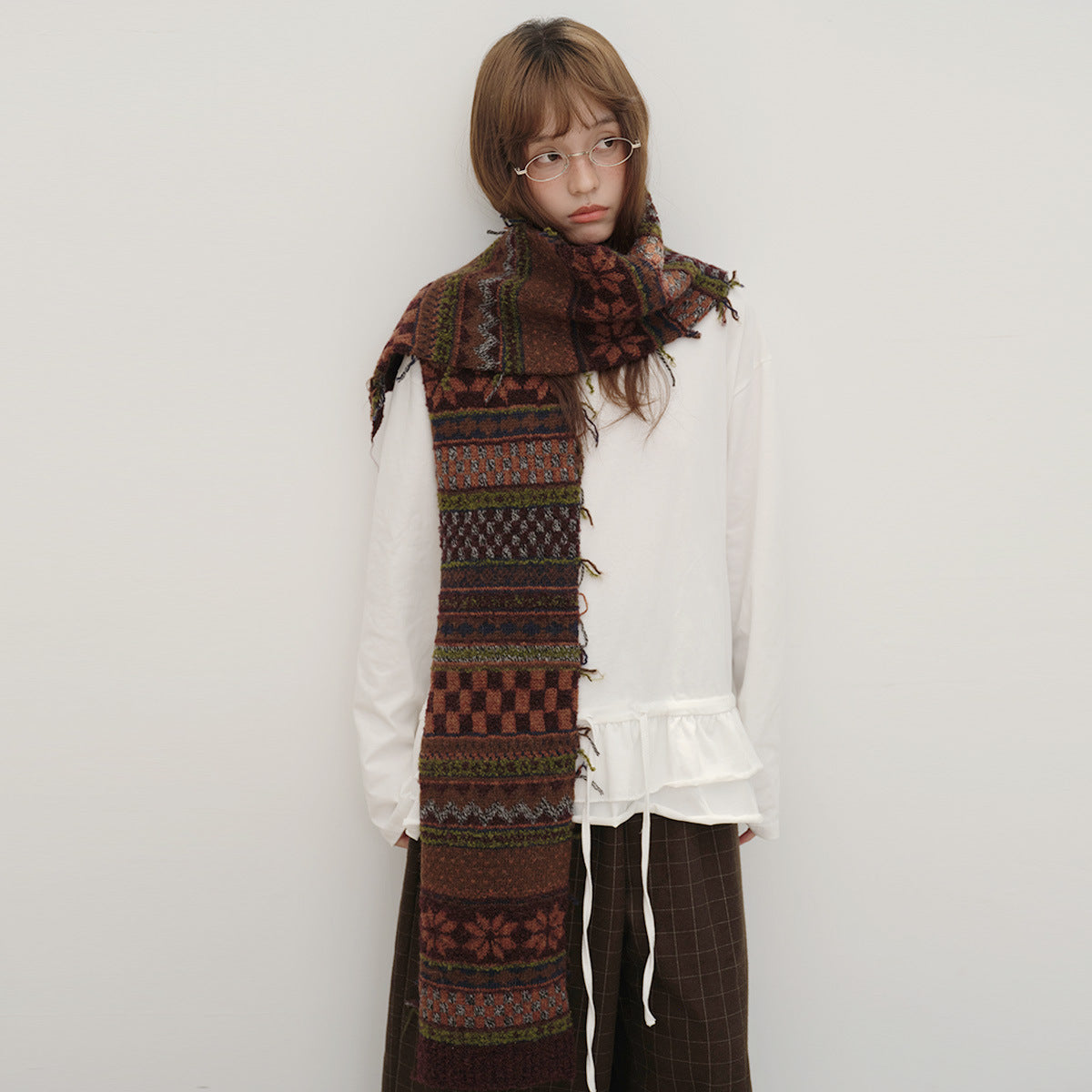 Fair Isle Pattern Knit Scarf Women's Retro Wool Blend Winter Accessory