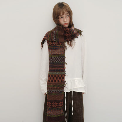 Fair Isle Pattern Knit Scarf Women's Retro Wool Blend Winter Accessory