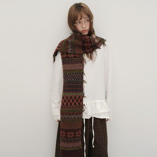 Fair Isle Pattern Knit Scarf Women's Retro Wool Blend Winter Accessory