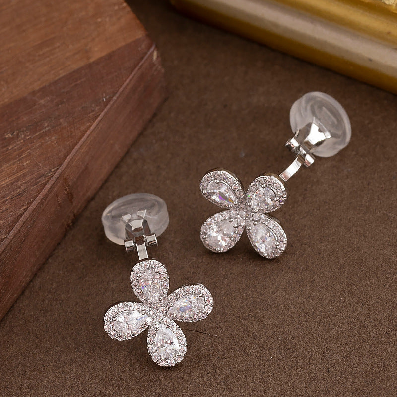 Cute Elegant Zirconia Clover Clip-On Earrings For Women