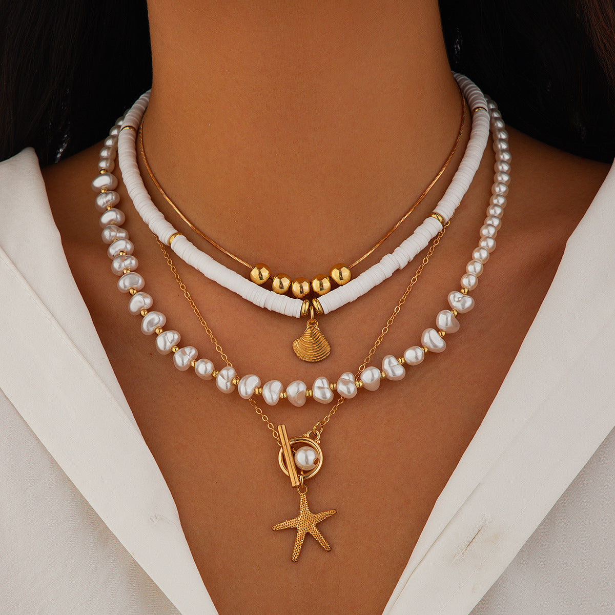 Trendy Pearl Bead Layered Necklace With Shells And Stars