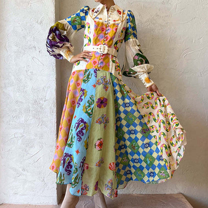 Elegant Floral Print Lantern Sleeve Maxi Dress