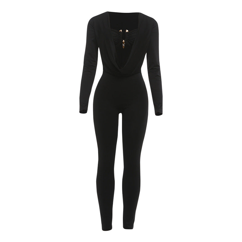 New Sexy Solid Color Jumpsuit With Wrap Neckline And Fitted Waist