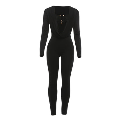 New Sexy Solid Color Jumpsuit With Wrap Neckline And Fitted Waist