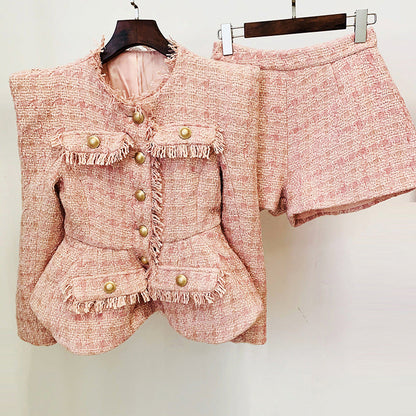 Pattern White Tweed Jacket & Shorts Set