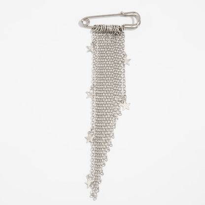 Trendy Metal Chain Tassel Brooch Pin With Stone Detail