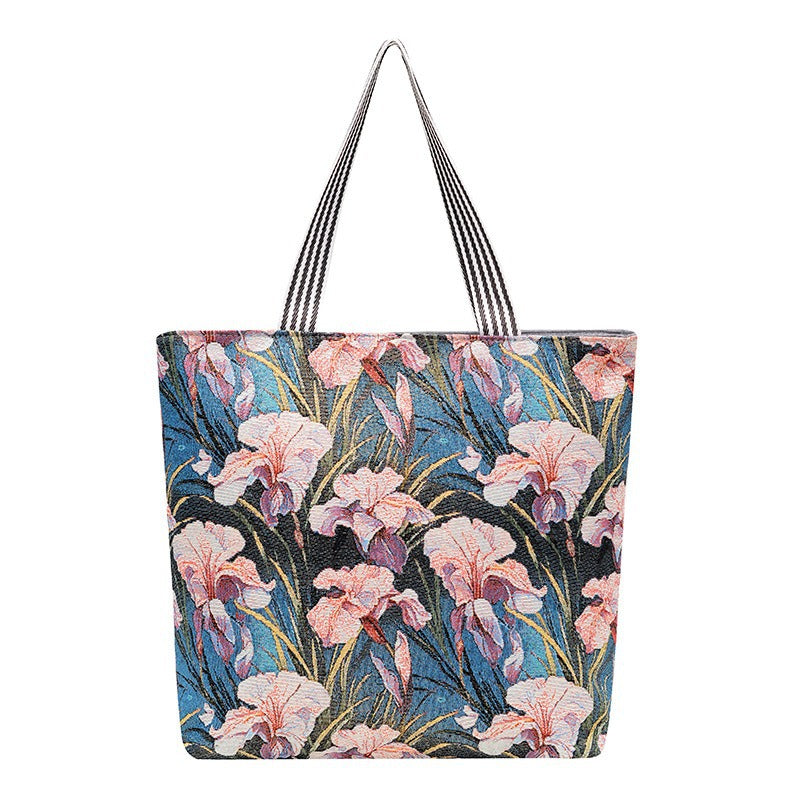 Large Capacity Tote Bag with Golden Embroidery Creative Pattern