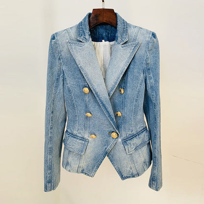Double-Breasted Lion Button Denim Blazer Style