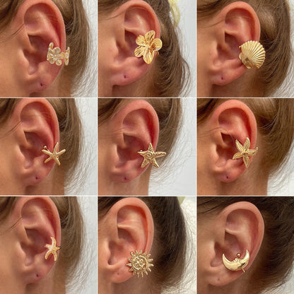 Sea Star Shell C-Shaped Earrings With Floral Design