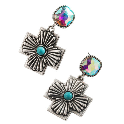 Turquoise Water Droplet Cross Earrings Vintage Style Creative Earrings for Women