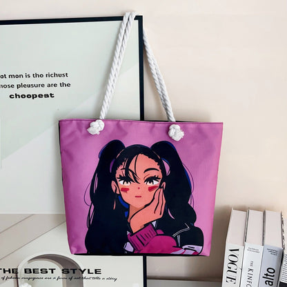 Trendy Cartoon Print Shoulder Tote Bag Durable Oxford Cloth Bag
