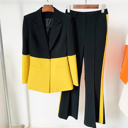 Trendy Color Block Blazer And Flared Pants Set