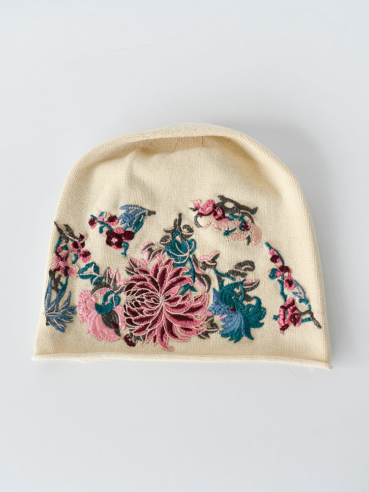 Black Pile Hat Women'S Autumn And Winter Embroidery Thin Postpartum Knitted Woolen Confinement Hat Versatile Bun Cap