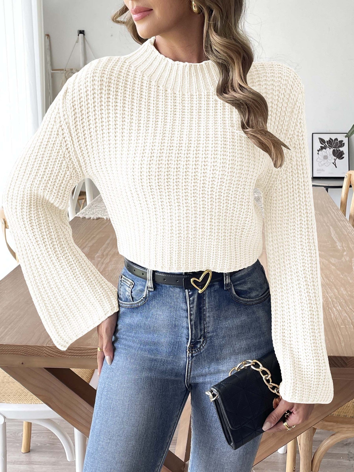 Women'S Short Cropped Knit Sweater With Half High Neck And Flared Sleeves